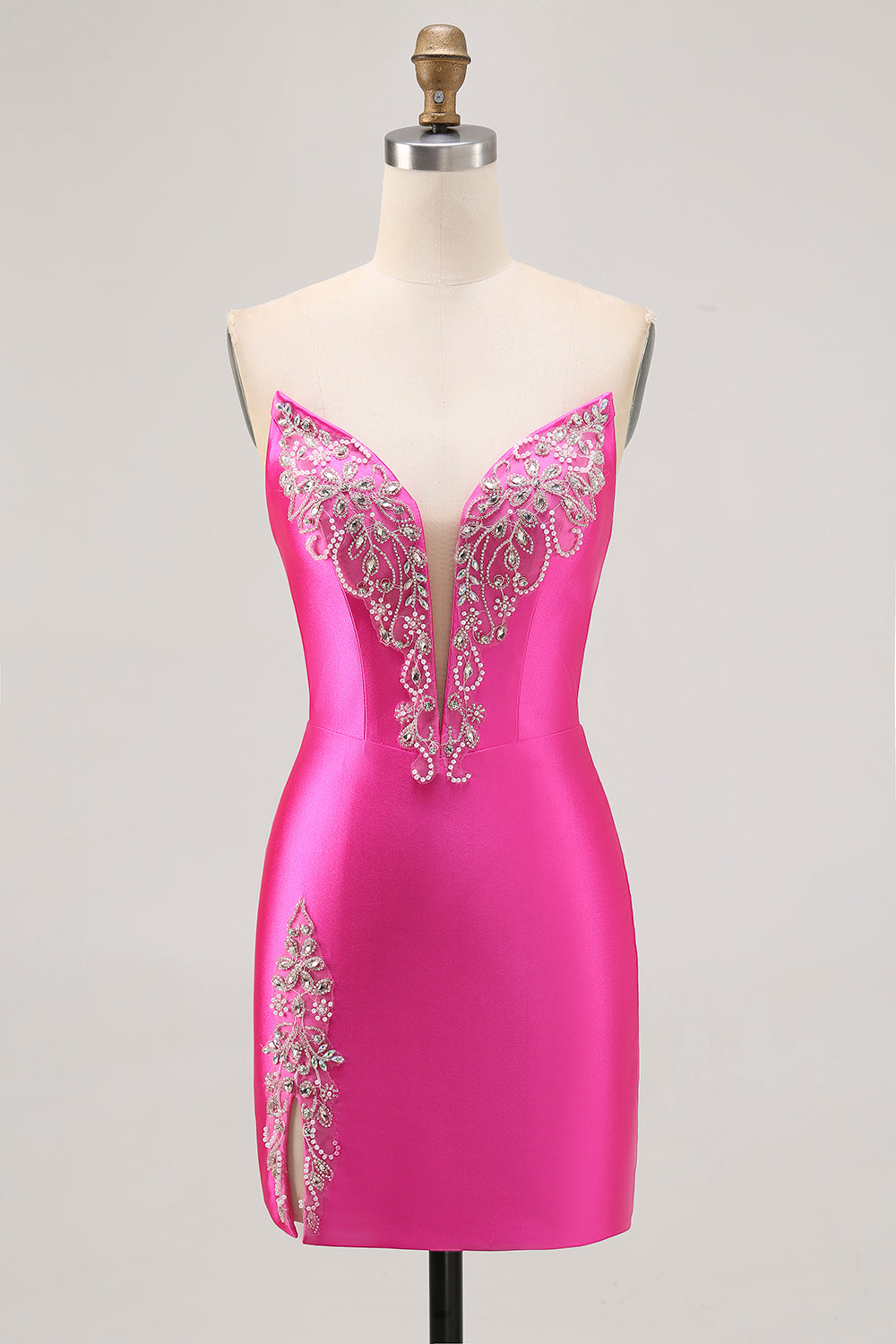Fuchsia Beaded Satin Bodycon Strapless Homecoming Dress with Slit