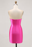 Fuchsia Beaded Satin Bodycon Strapless Homecoming Dress with Slit