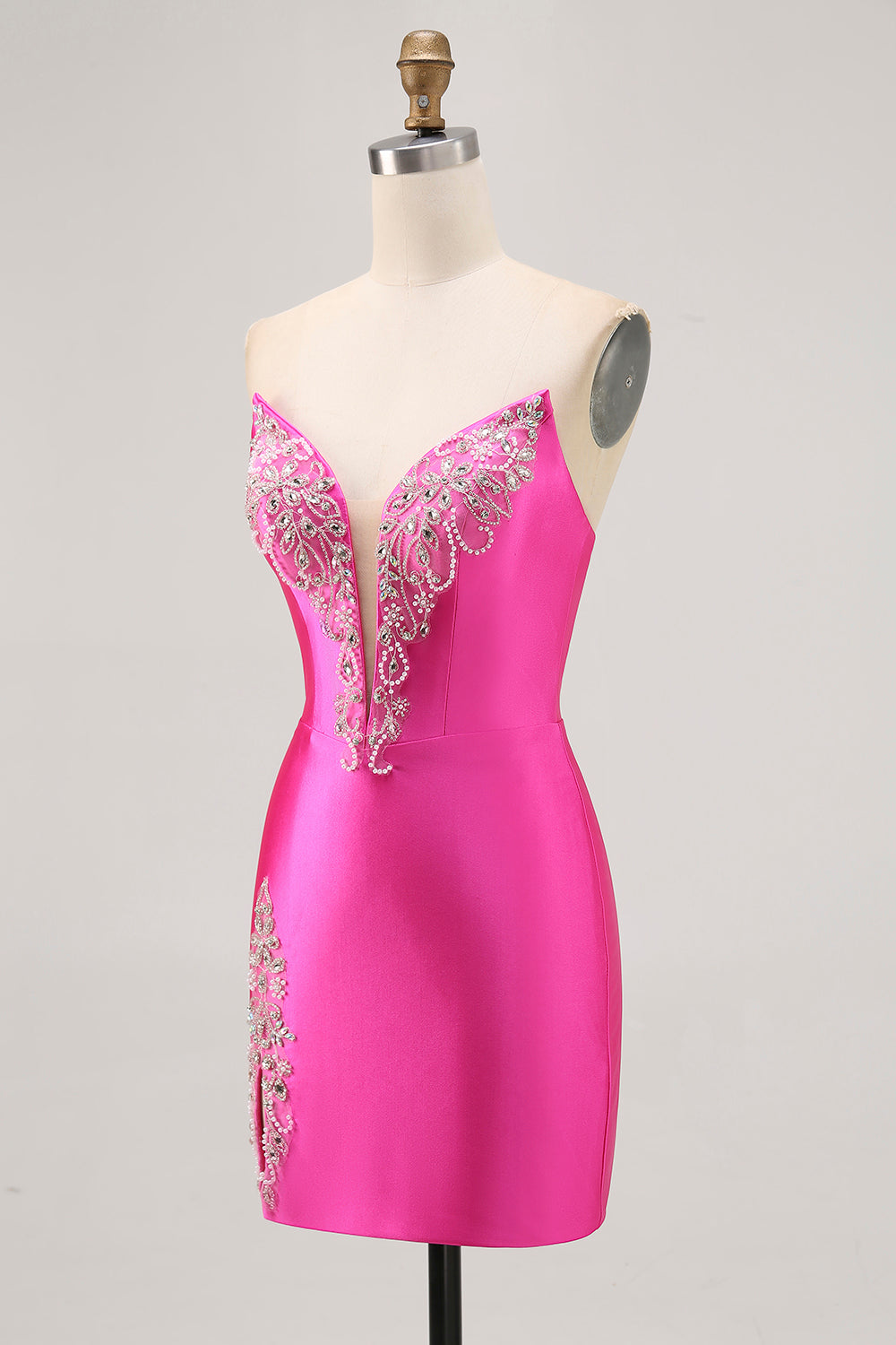 Fuchsia Beaded Satin Bodycon Strapless Homecoming Dress with Slit