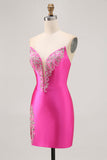 Fuchsia Beaded Satin Bodycon Strapless Homecoming Dress with Slit