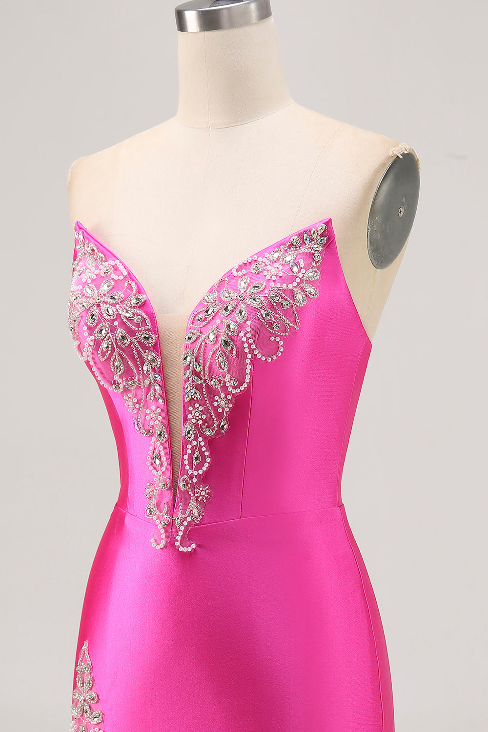 Fuchsia Beaded Satin Bodycon Strapless Homecoming Dress with Slit