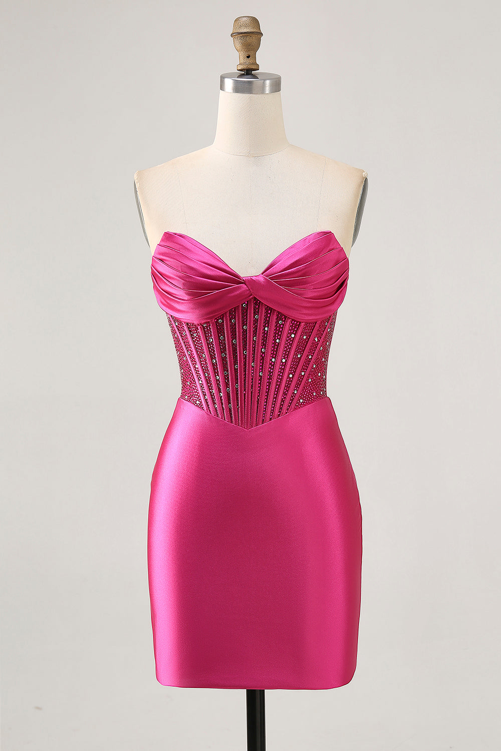 Fuchsia Corset Satin Strapless Homecoming Dress with Beading