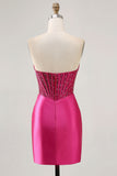 Fuchsia Corset Satin Strapless Homecoming Dress with Beading