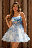 Corset A Line White Blue Flower Homecoming Dress