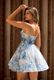 Corset A Line White Blue Flower Homecoming Dress