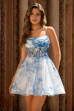 Corset A Line White Blue Flower Homecoming Dress