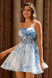 Corset A Line White Blue Flower Homecoming Dress