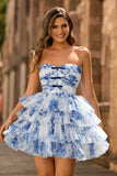 Strapless Tiered White Blue Flower A Line Homecoming Dress with Lace Up Back