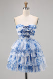 Strapless Tiered White Blue Flower A Line Homecoming Dress with Lace Up Back