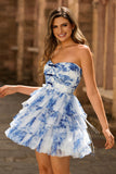 Strapless Tiered White Blue Flower A Line Homecoming Dress with Lace Up Back