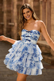 Strapless Tiered White Blue Flower A Line Homecoming Dress with Lace Up Back