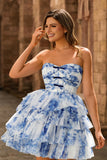 Strapless Tiered White Blue Flower A Line Homecoming Dress with Lace Up Back