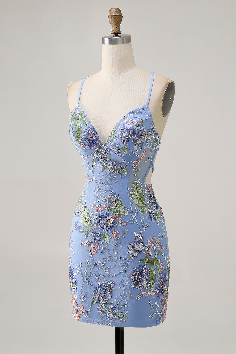 Floral Bodycon Sequin Pink Homecoming Dress with Lace-up Back