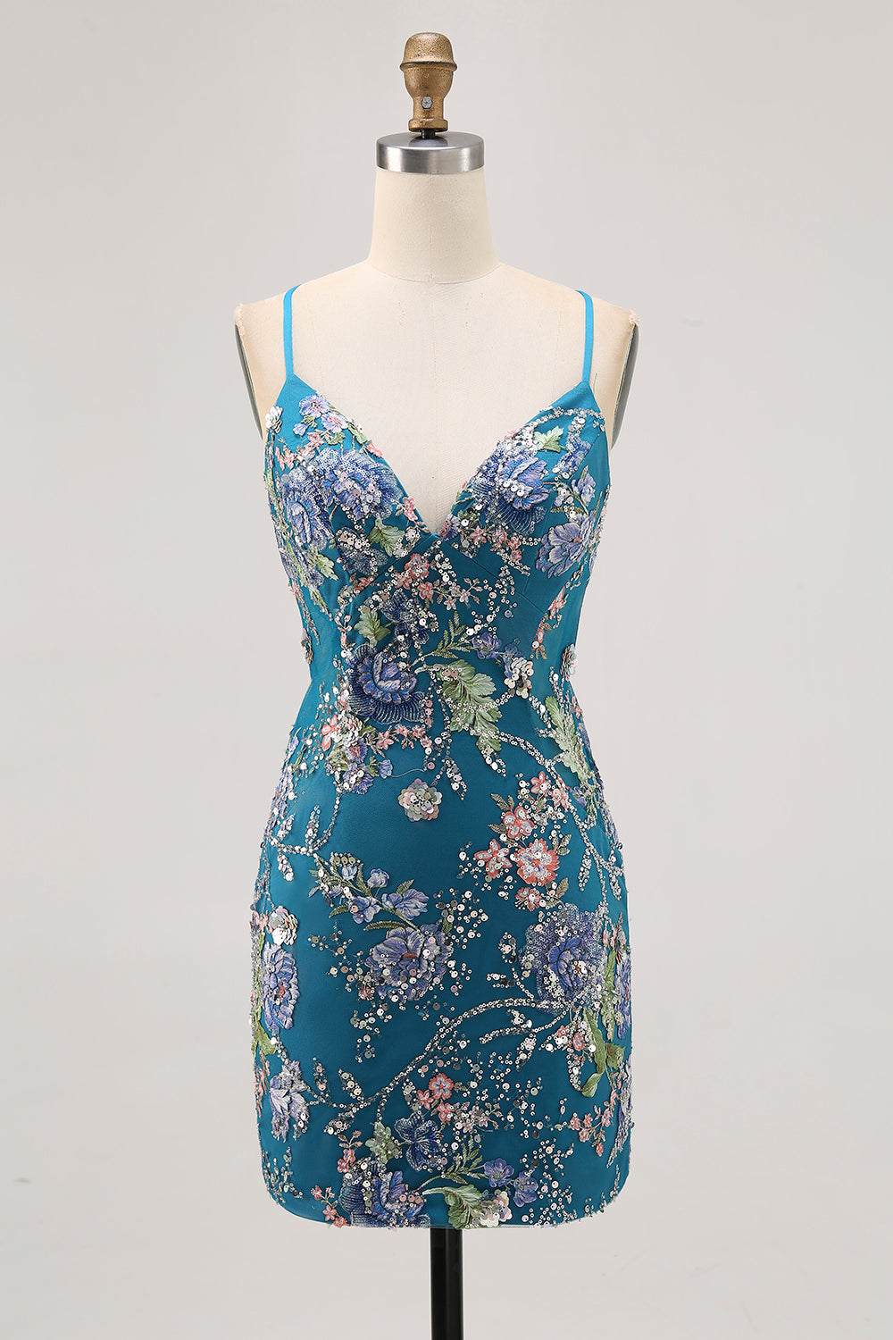 Floral Bodycon Sequin Pink Homecoming Dress with Lace-up Back