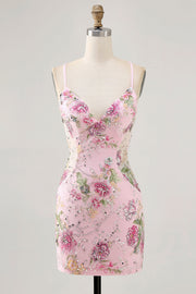 Floral Bodycon Sequin Pink Homecoming Dress with Lace-up Back