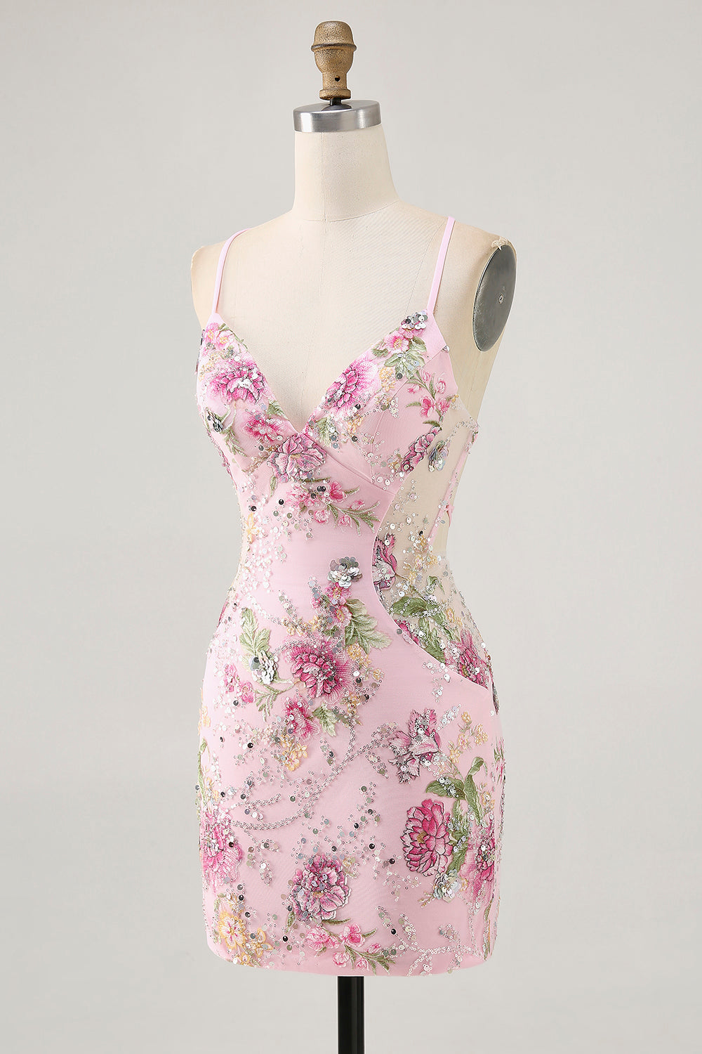 Floral Bodycon Sequin Pink Homecoming Dress with Lace-up Back