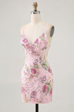 Floral Bodycon Sequin Pink Homecoming Dress with Lace-up Back