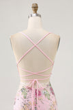 Floral Bodycon Sequin Pink Homecoming Dress with Lace-up Back