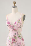 Floral Bodycon Sequin Pink Homecoming Dress with Lace-up Back