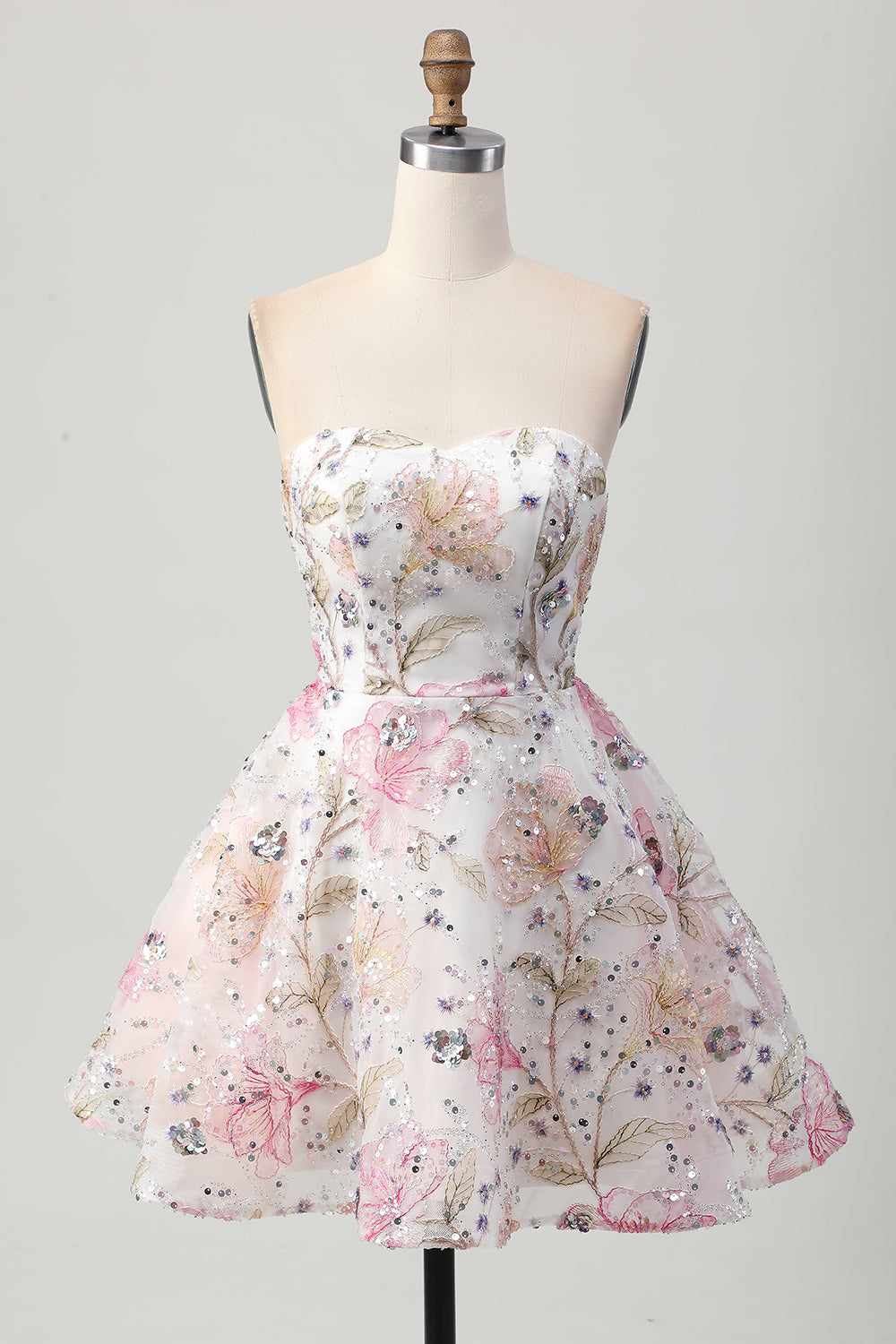 Pink A-Line Floral Strapless Homecoming Dress with Sequins