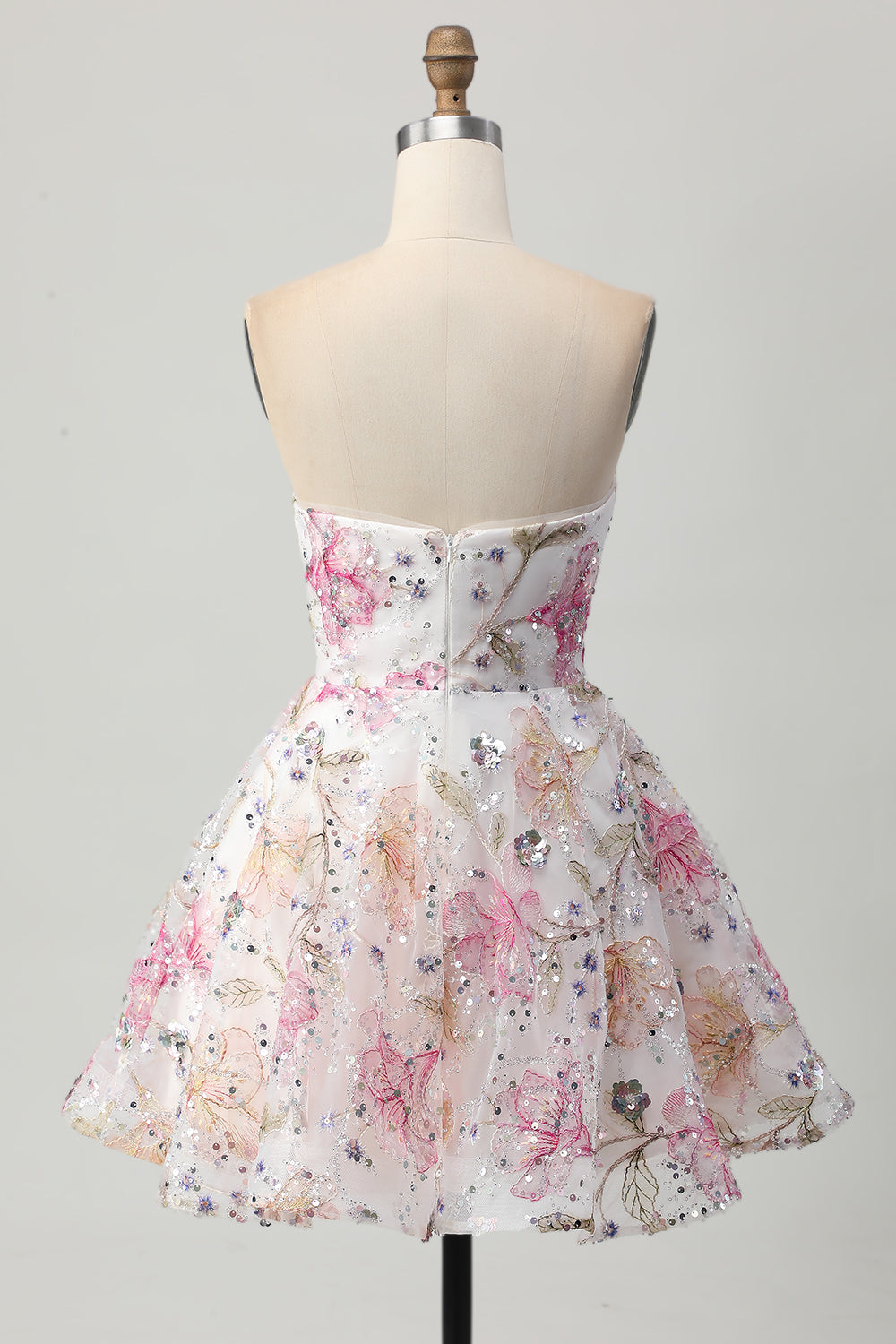 Pink A-Line Floral Strapless Homecoming Dress with Sequins