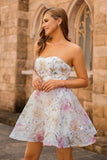 Pink A-Line Floral Strapless Homecoming Dress with Sequins