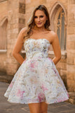 Pink A-Line Floral Strapless Homecoming Dress with Sequins