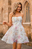 Pink A-Line Floral Strapless Homecoming Dress with Sequins