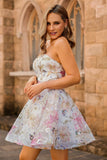 Pink A-Line Floral Strapless Homecoming Dress with Sequins