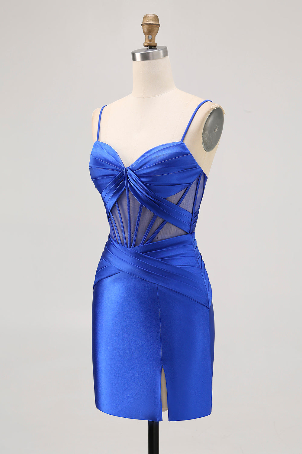 Royal Blue Sheer Corset Satin Tight Homecoming Dress with Slit