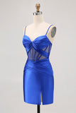 Royal Blue Sheer Corset Satin Tight Homecoming Dress with Slit