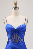 Royal Blue Sheer Corset Satin Tight Homecoming Dress with Slit