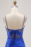 Royal Blue Sheer Corset Satin Tight Homecoming Dress with Slit