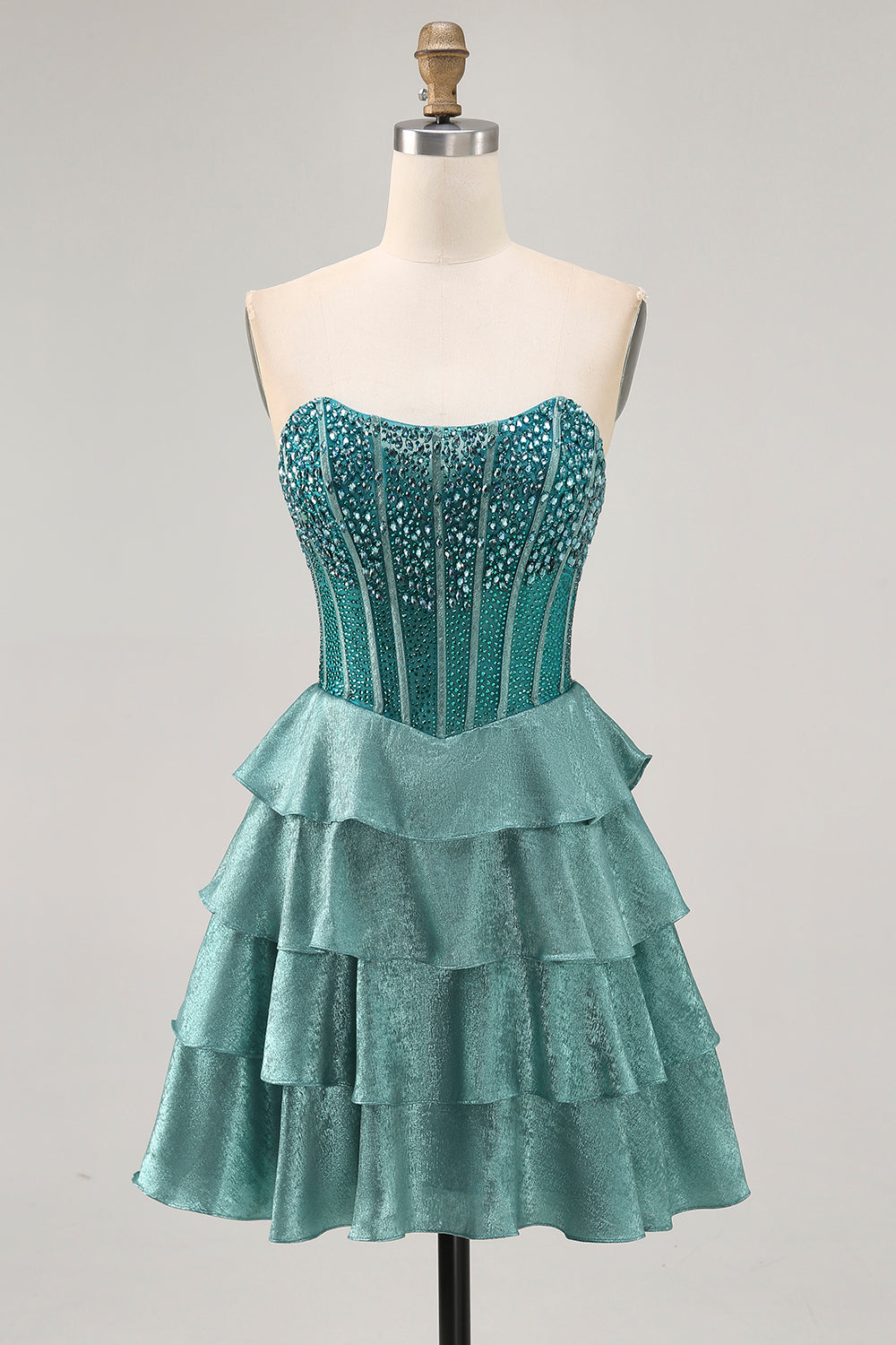 Peacock Green Beaded Tiered A-Line Corset Strapless Homecoming Dress with Rhinestones