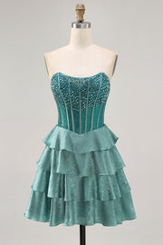 Peacock Green Corset Strapless Tiered A-Line Homecoming Dress with Rhinestones