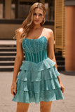 Peacock Green Beaded Tiered A-Line Corset Strapless Homecoming Dress with Rhinestones