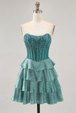 Peacock Green Beaded Tiered A-Line Corset Strapless Homecoming Dress with Rhinestones