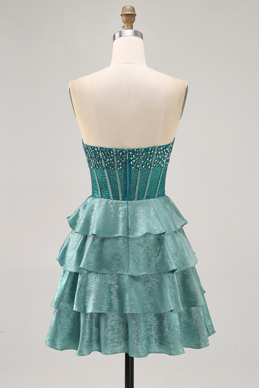 Peacock Green Beaded Tiered A-Line Corset Strapless Homecoming Dress with Rhinestones