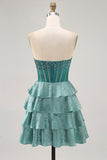 Peacock Green Beaded Tiered A-Line Corset Strapless Homecoming Dress with Rhinestones