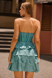 Peacock Green Beaded Tiered A-Line Corset Strapless Homecoming Dress with Rhinestones