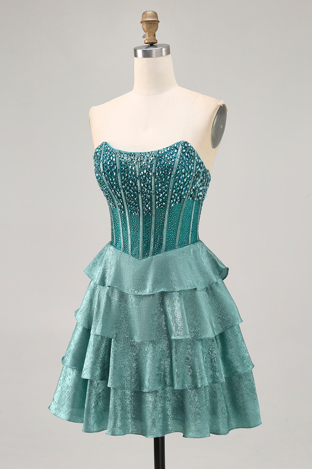 Peacock Green Corset Strapless Tiered A-Line Homecoming Dress with Rhinestones
