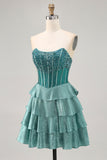 Peacock Green Corset Strapless Tiered A-Line Homecoming Dress with Rhinestones