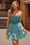 Peacock Green Beaded Tiered A-Line Corset Strapless Homecoming Dress with Rhinestones
