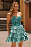 Peacock Green Beaded Tiered A-Line Corset Strapless Homecoming Dress with Rhinestones