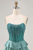 Peacock Green Corset Strapless Tiered A-Line Homecoming Dress with Rhinestones