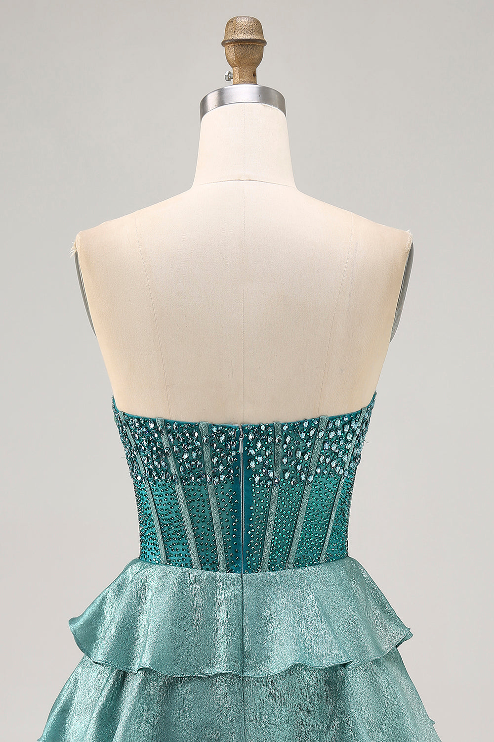 Peacock Green Corset Strapless Tiered A-Line Homecoming Dress with Rhinestones