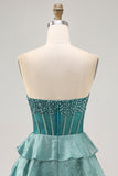Peacock Green Corset Strapless Tiered A-Line Homecoming Dress with Rhinestones