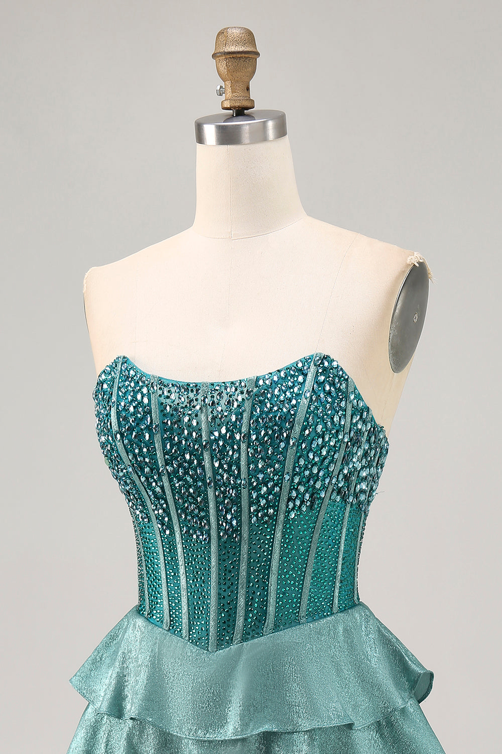 Peacock Green Corset Strapless Tiered A-Line Homecoming Dress with Rhinestones