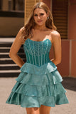 Peacock Green Beaded Tiered A-Line Corset Strapless Homecoming Dress with Rhinestones