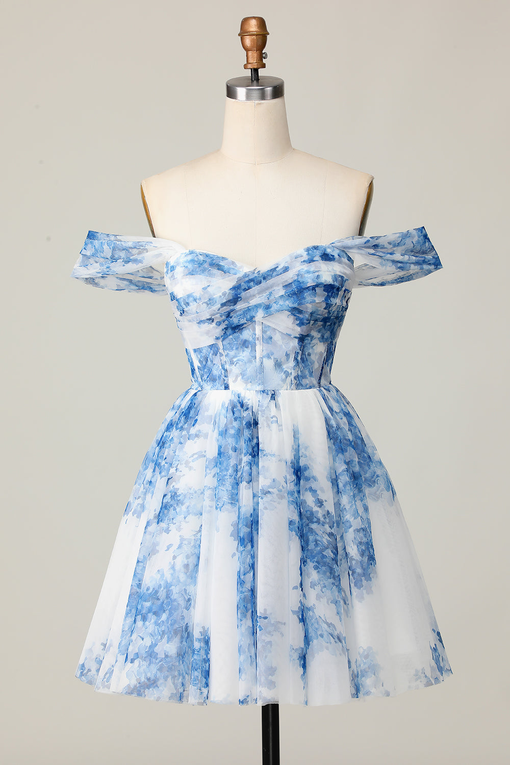 Off The Shoulder Printed White Blue Flower Homecoming Dress